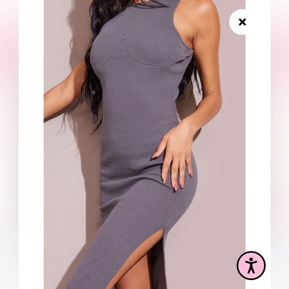 Pretty Little Thing Charcoal Cup Detail Racer Split Midi Dress - Picture 10 of 13